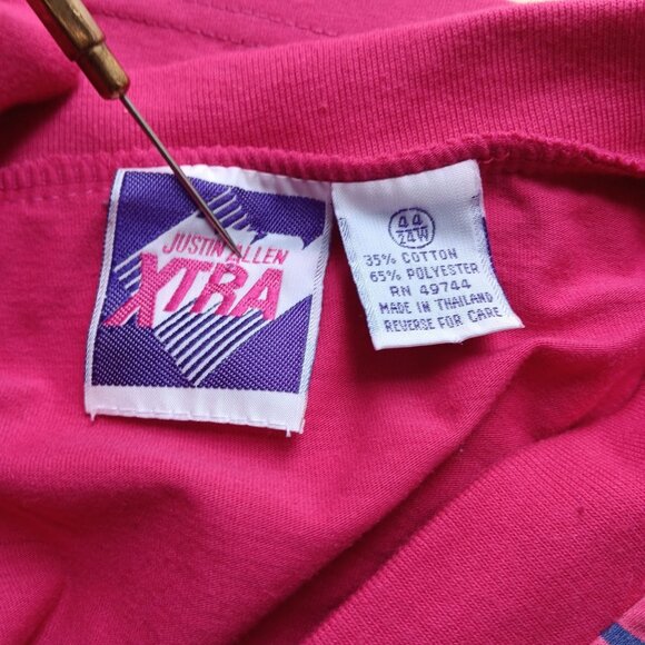 44/24W Vintage 90's Padded T-shirt Pink Striped Square Neck Embroidered Pocket - Picture 5 of 8
